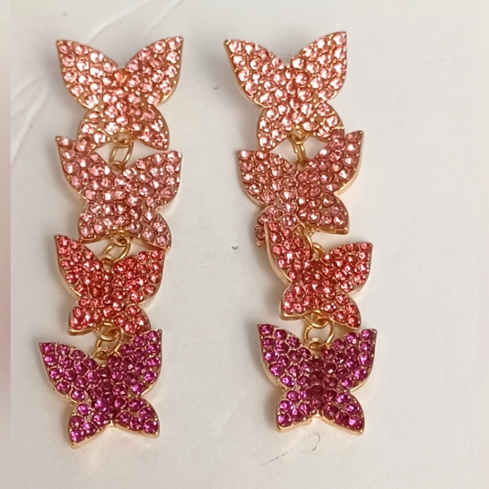 Noir Pink Rhinestones Butterfly Earrings
